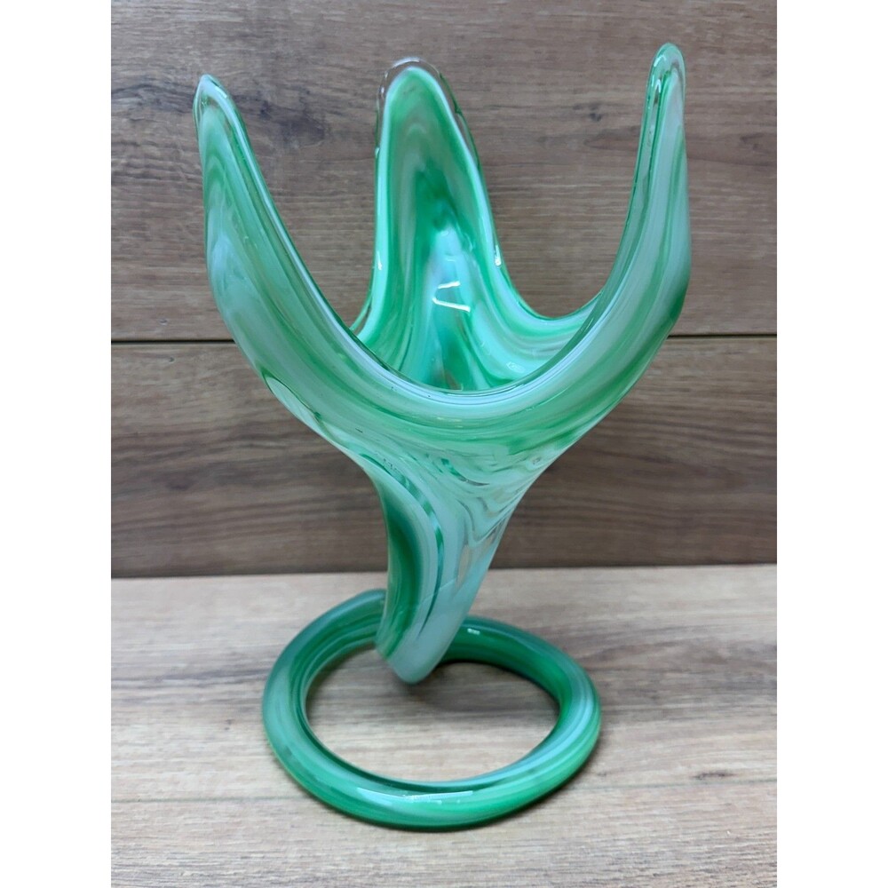 Hand Blown Art Glass Tulip Trumpet Vase Green/White Swirl Coiled Base 10.5" x 6"